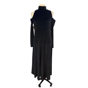 POSH Black Velvet Cold Shoulder Mock Neck Long Sleeve Petite Maxi Dress
